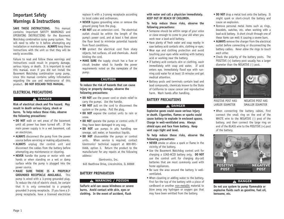 Important safety warnings & instructions | Basement Watchdog Combo User Manual | Page 2 / 15