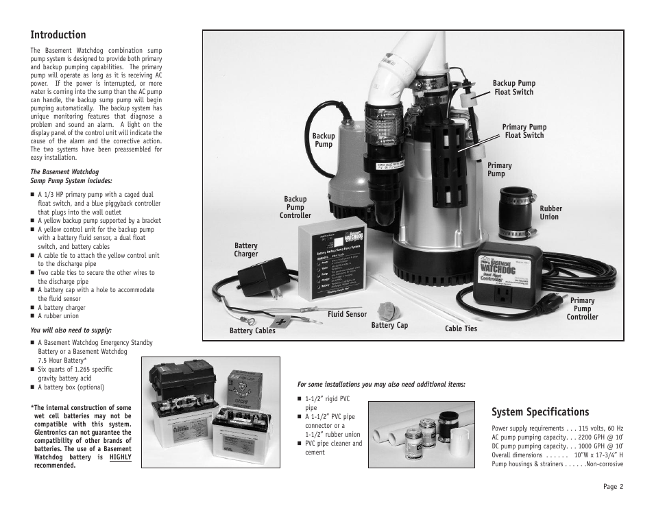 Introduction, System specifications | Basement Watchdog Combo User Manual | Page 3 / 15