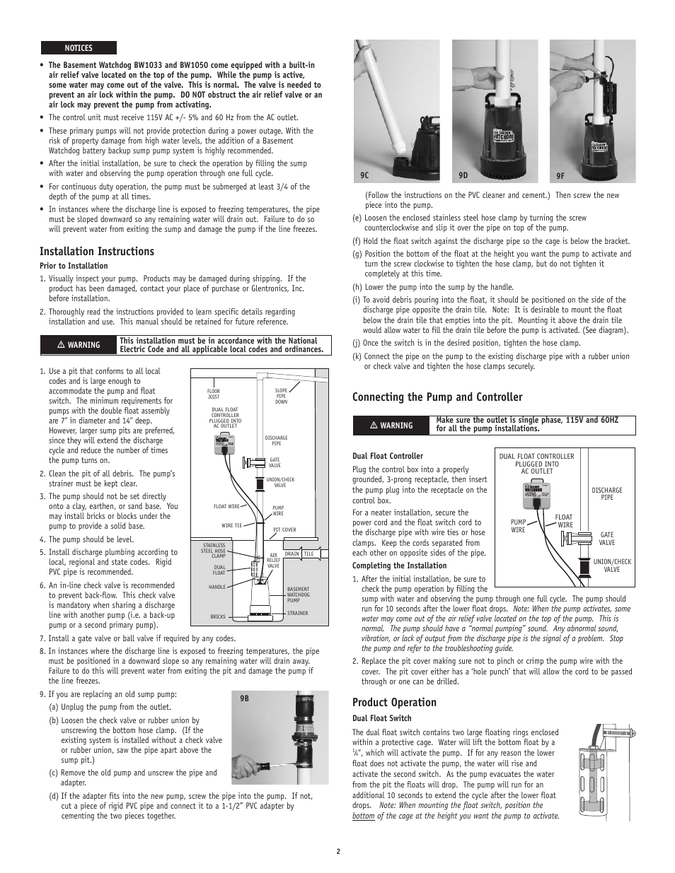 Installation instructions, Connecting the pump and controller, Product operation | Basement Watchdog Greenline BW Series User Manual | Page 2 / 4