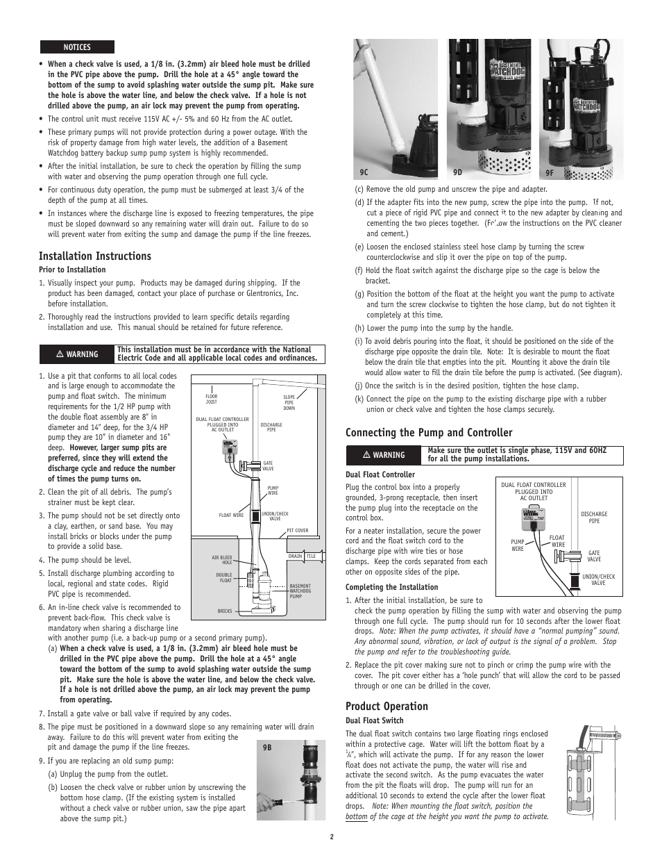 Installation instructions, Connecting the pump and controller, Product operation | Basement Watchdog BWSS Series User Manual | Page 2 / 4