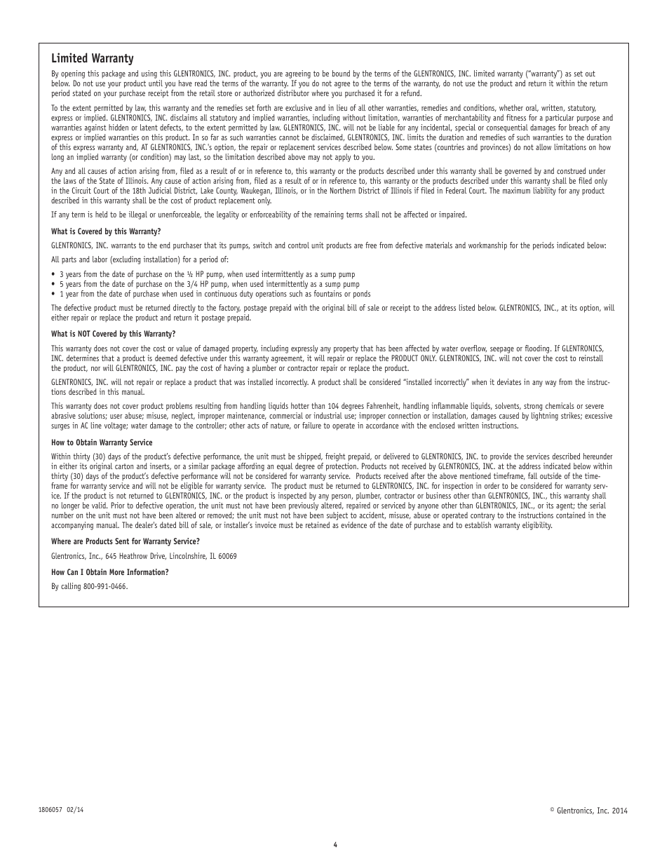Limited warranty | Basement Watchdog BWSS Series User Manual | Page 4 / 4