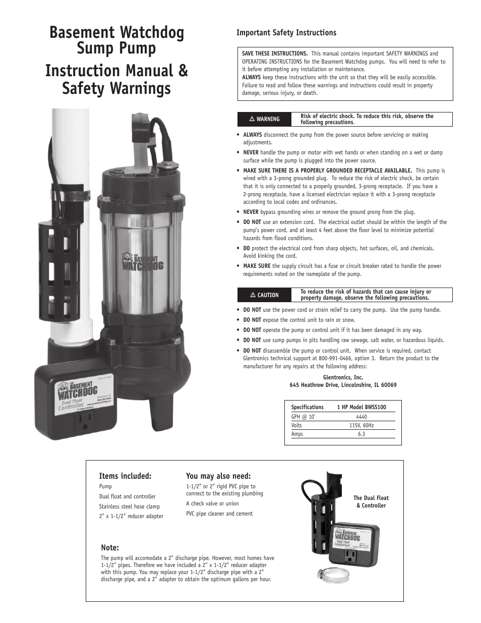 Basement Watchdog Greenline BWT Series User Manual | 4 pages