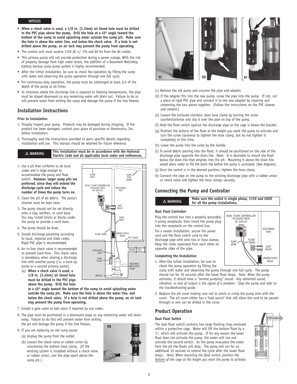 Installation instructions, Connecting the pump and controller, Product operation | Basement Watchdog Greenline BWT Series User Manual | Page 2 / 4