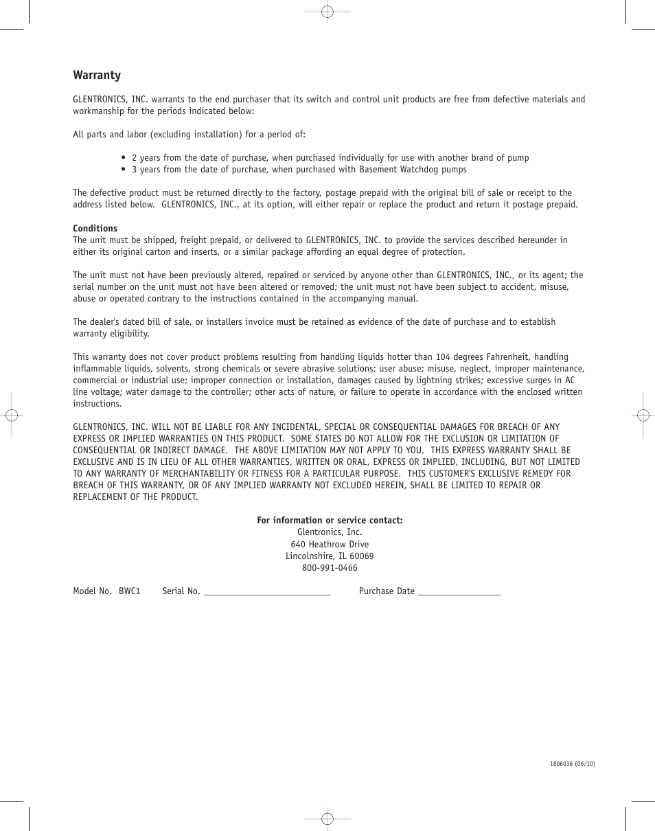 Warranty | Basement Watchdog Universal Dual Float Switch User Manual | Page 2 / 2