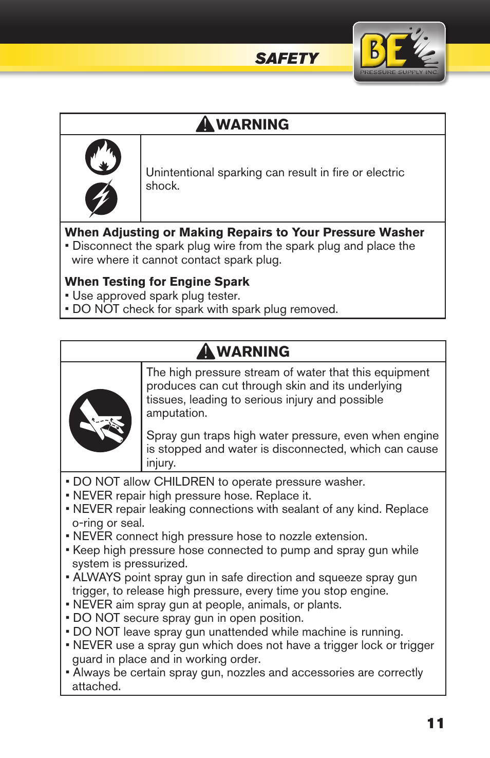 Safety, Warning | BE Pressure supply 270cc Honda GX270 B389HC User Manual | Page 11 / 36