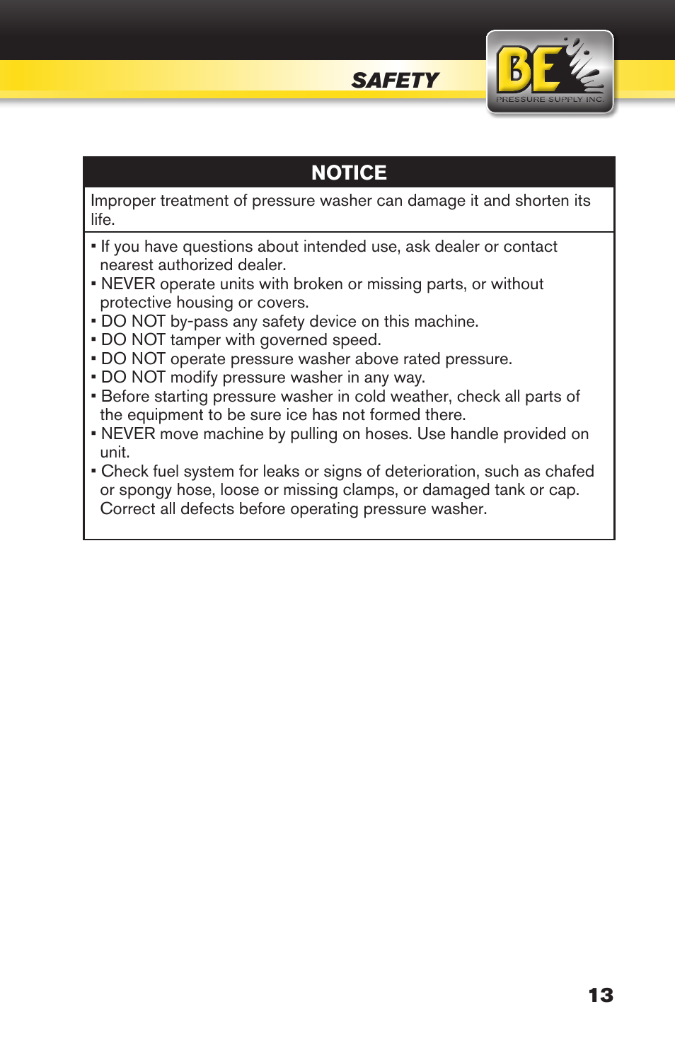 Safety | BE Pressure supply 270cc Honda GX270 B389HC User Manual | Page 13 / 36