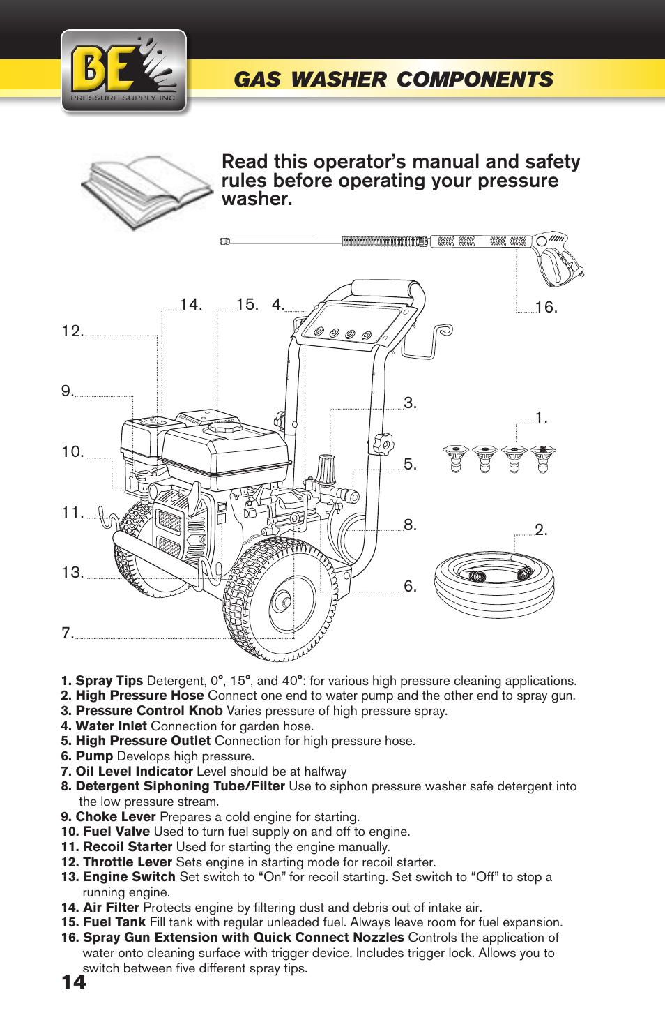 Washer, Components | BE Pressure supply 270cc Honda GX270 B389HC User Manual | Page 14 / 36