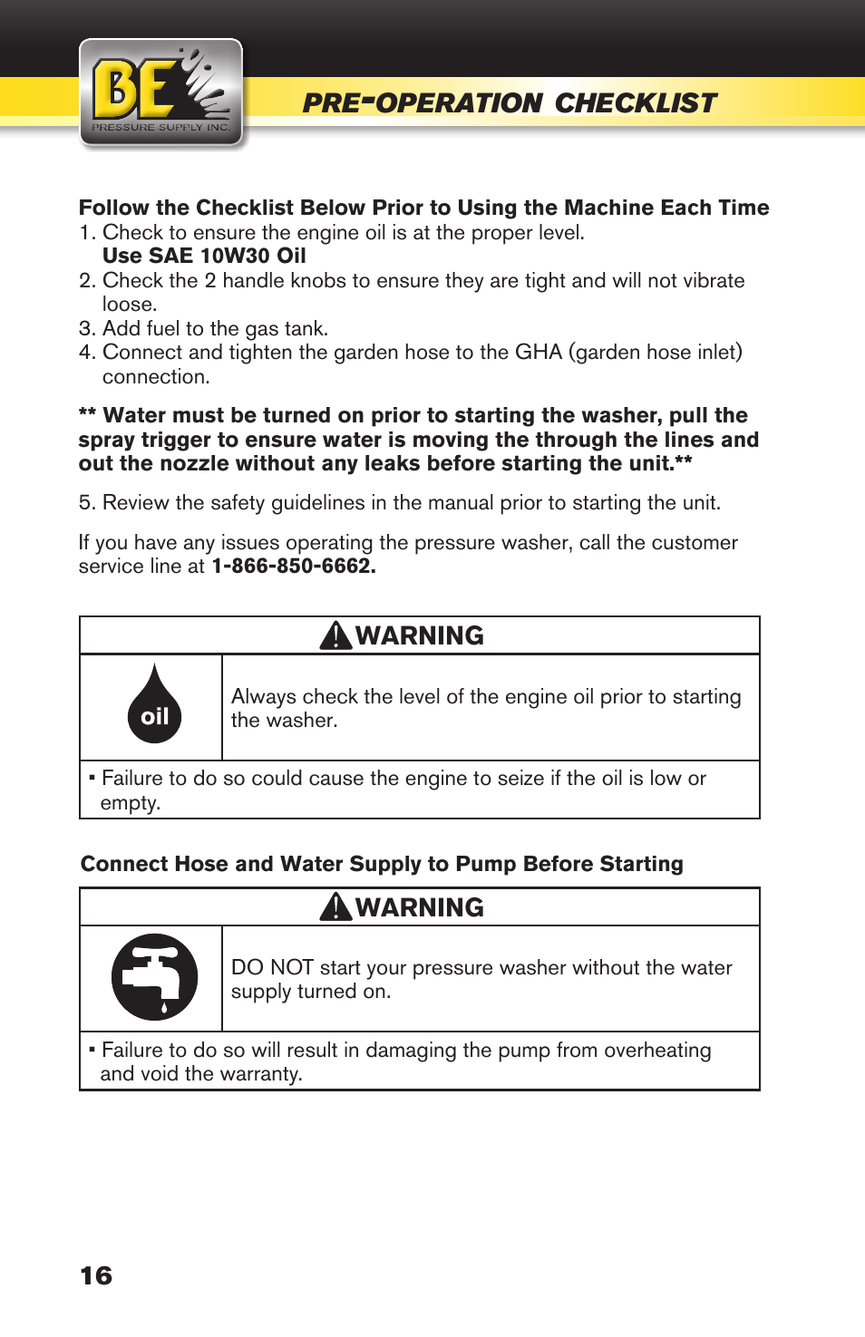 Operation, Checklist | BE Pressure supply 270cc Honda GX270 B389HC User Manual | Page 16 / 36