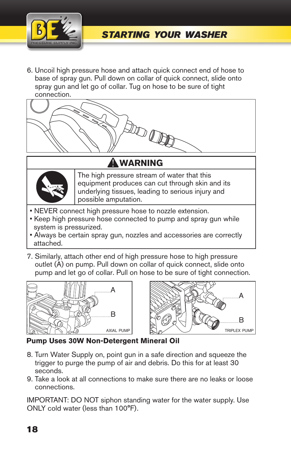 Starting, Your, Washer | Warning | BE Pressure supply 270cc Honda GX270 B389HC User Manual | Page 18 / 36