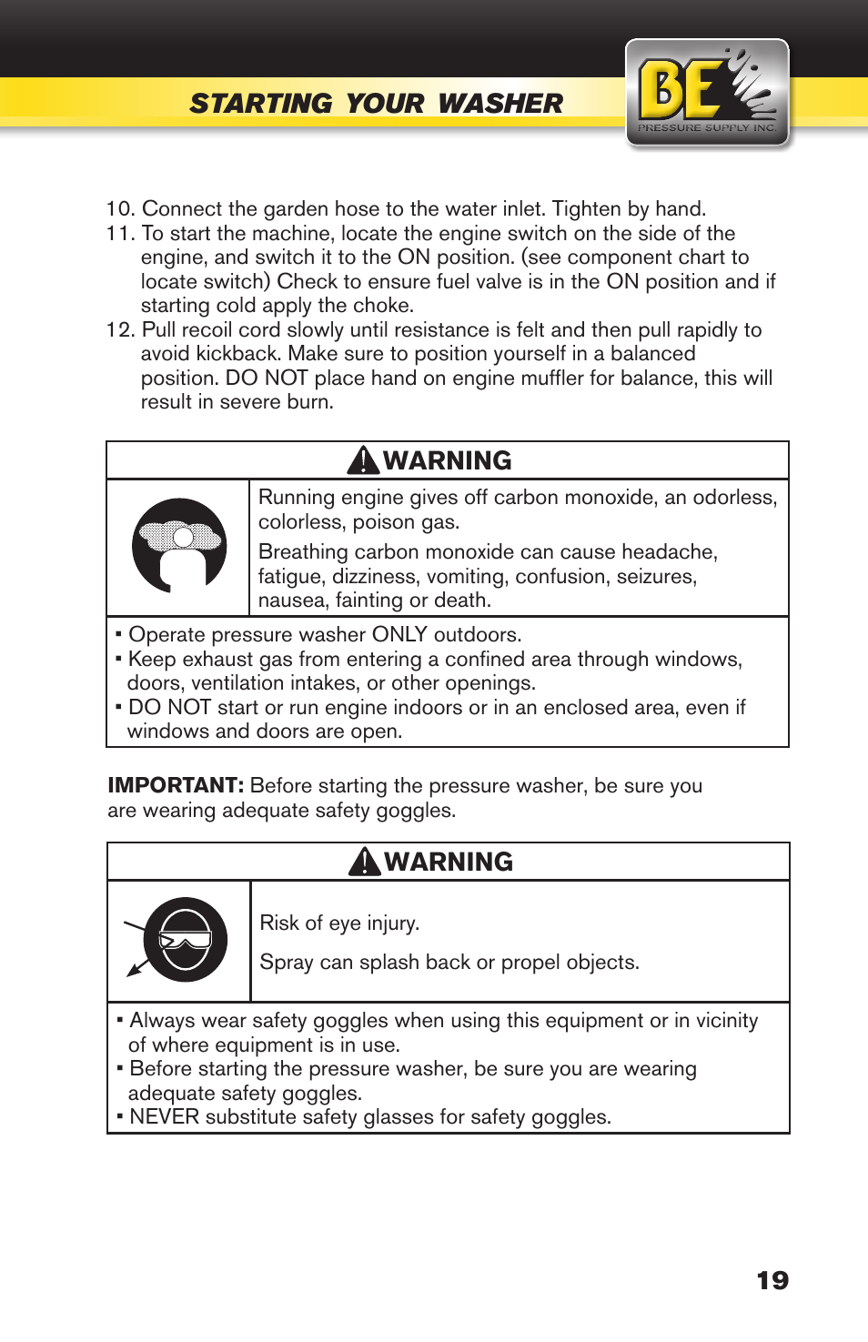 Starting, Your, Washer | BE Pressure supply 270cc Honda GX270 B389HC User Manual | Page 19 / 36