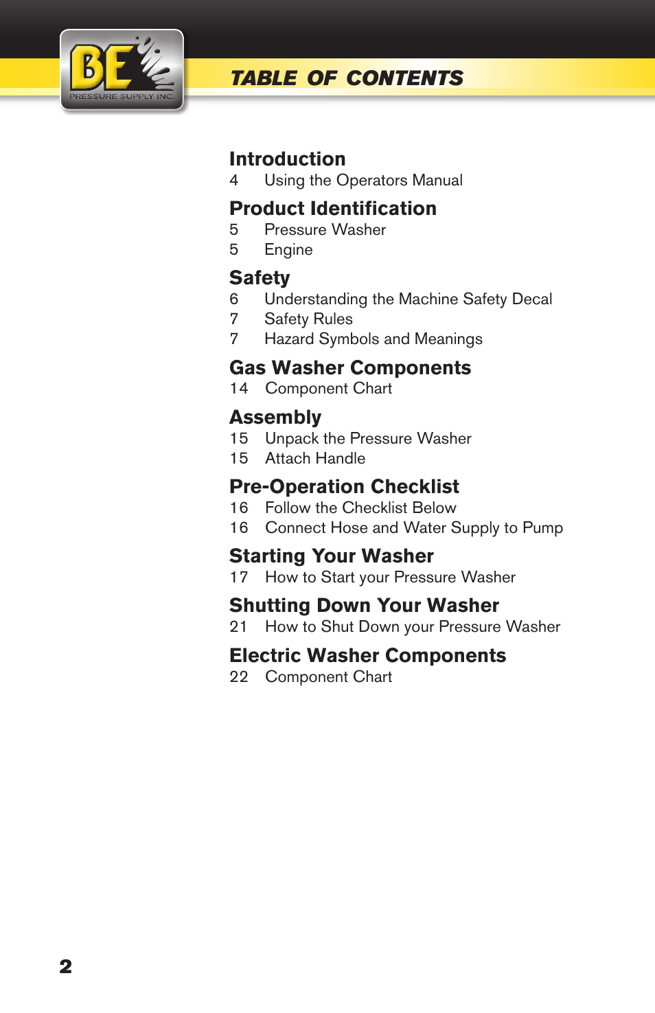 BE Pressure supply 270cc Honda GX270 B389HC User Manual | Page 2 / 36