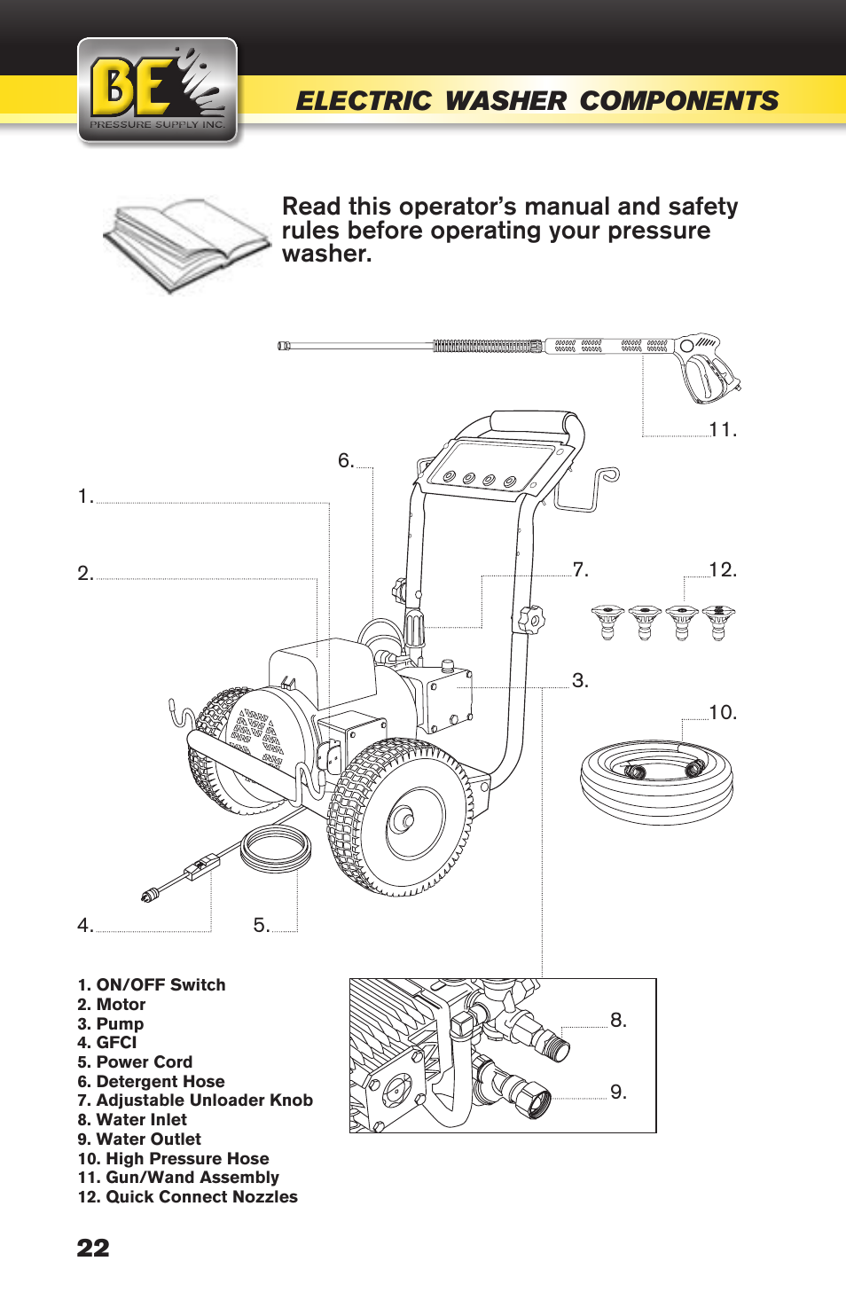 Electric, Washer, Components | Power, Cord, Connection | BE Pressure supply 270cc Honda GX270 B389HC User Manual | Page 22 / 36