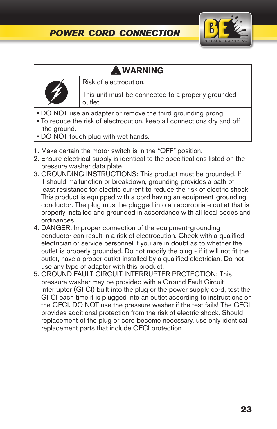 BE Pressure supply 270cc Honda GX270 B389HC User Manual | Page 23 / 36