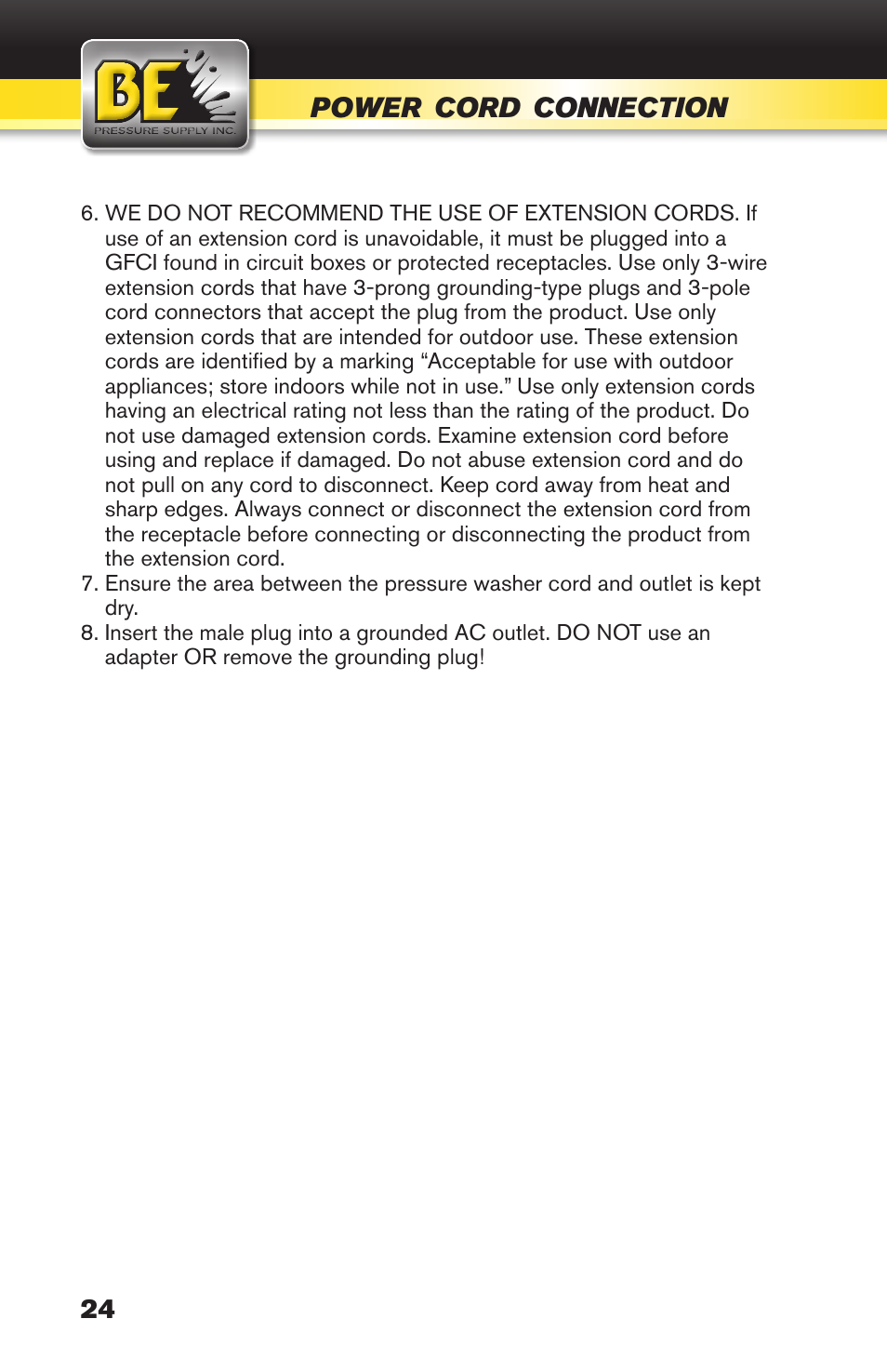 Power, Cord, Connection | BE Pressure supply 270cc Honda GX270 B389HC User Manual | Page 24 / 36