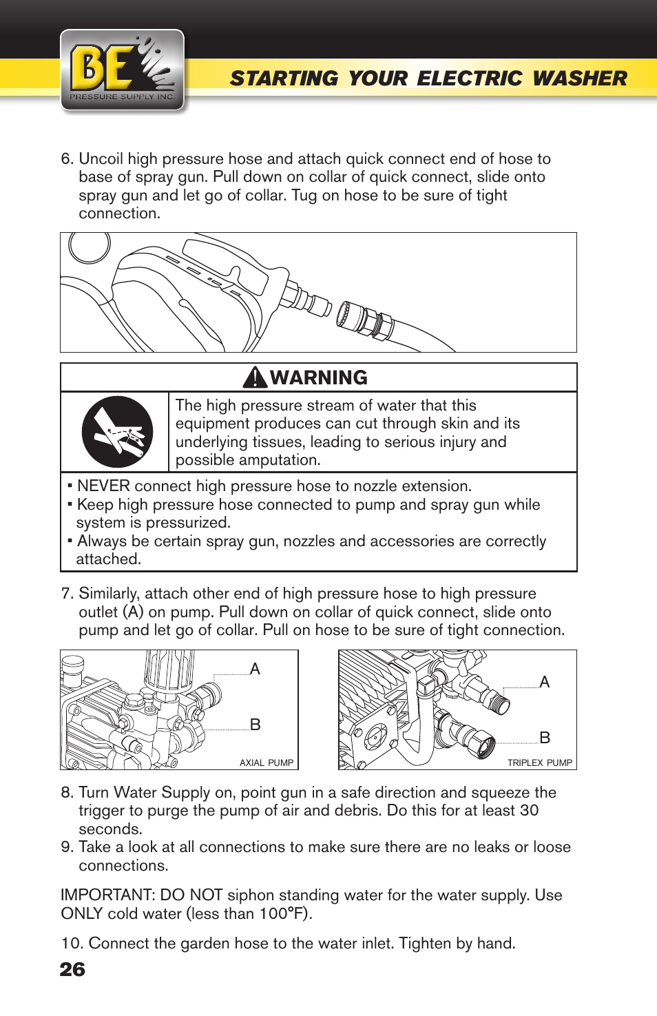 Starting, Your, Electric | Washer | BE Pressure supply 270cc Honda GX270 B389HC User Manual | Page 26 / 36