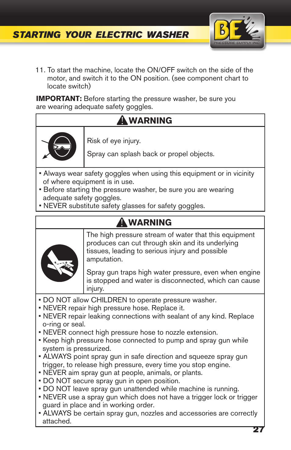 Starting, Your, Electric | Washer | BE Pressure supply 270cc Honda GX270 B389HC User Manual | Page 27 / 36