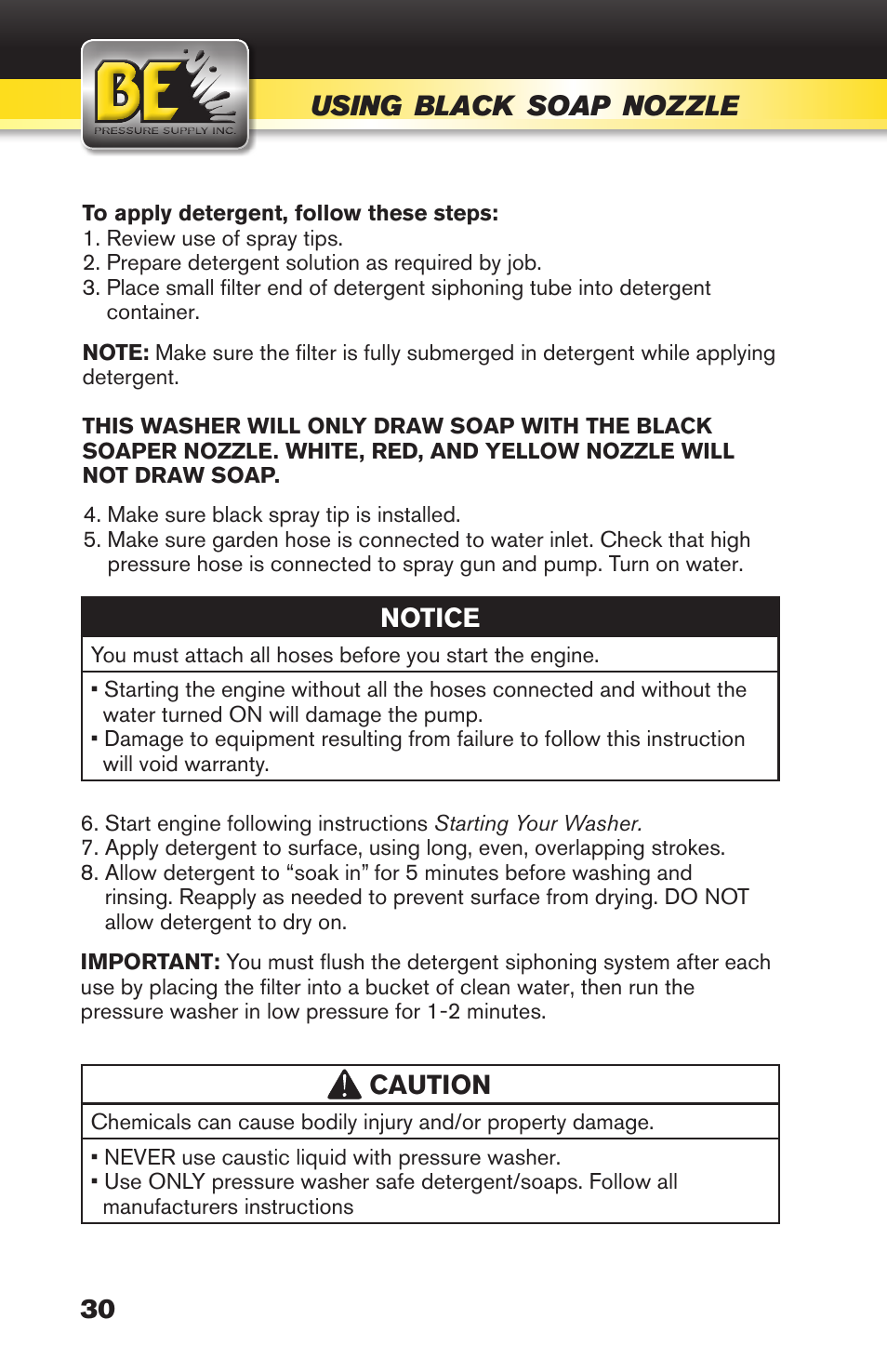 Using, Black, Soap | Nozzle | BE Pressure supply 270cc Honda GX270 B389HC User Manual | Page 30 / 36