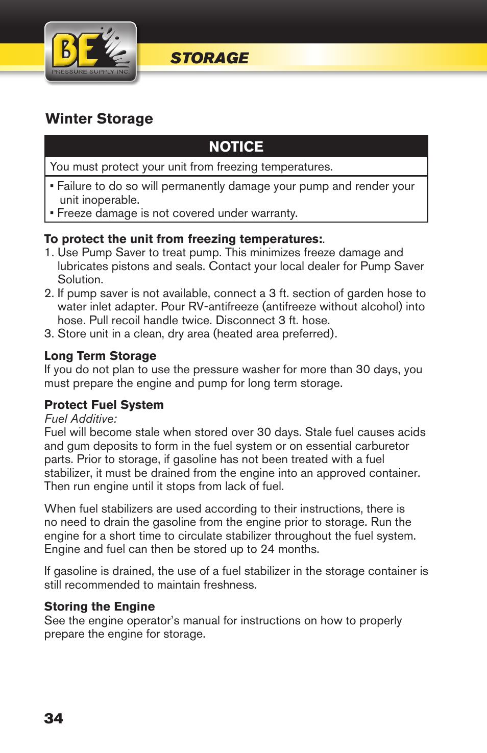 Storage, Winter storage, Notice | BE Pressure supply 270cc Honda GX270 B389HC User Manual | Page 34 / 36