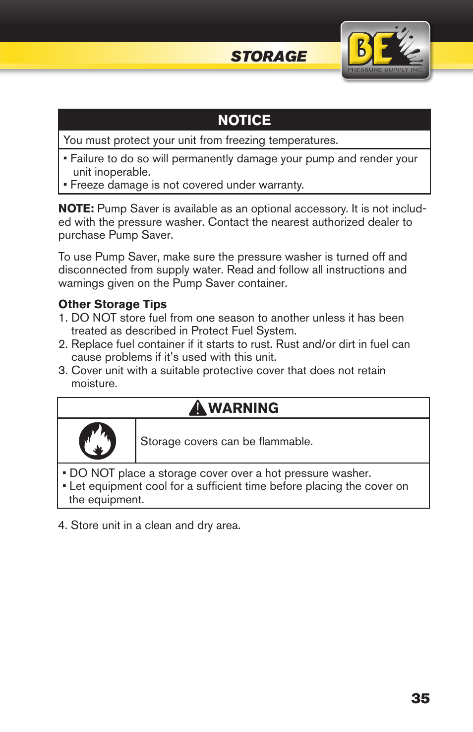 Storage | BE Pressure supply 270cc Honda GX270 B389HC User Manual | Page 35 / 36