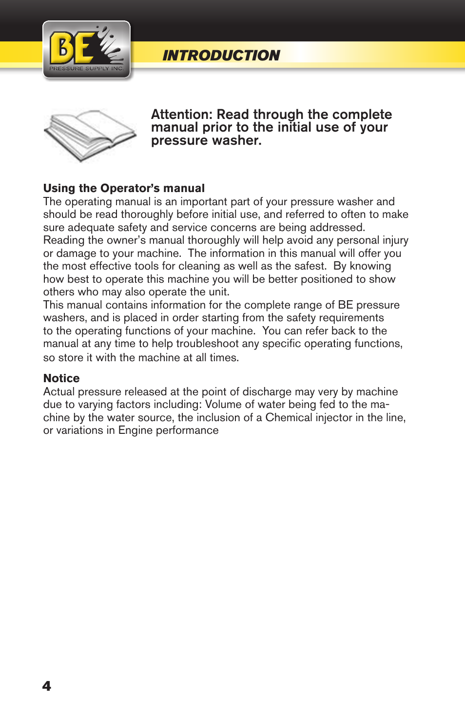 Introduction | BE Pressure supply 270cc Honda GX270 B389HC User Manual | Page 4 / 36