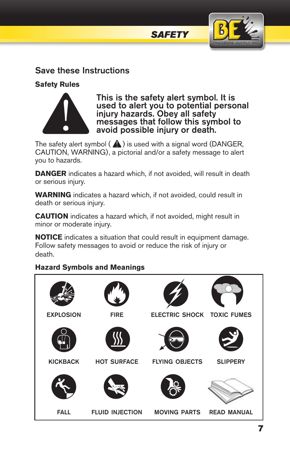 Safety, Save these instructions | BE Pressure supply 270cc Honda GX270 B389HC User Manual | Page 7 / 36