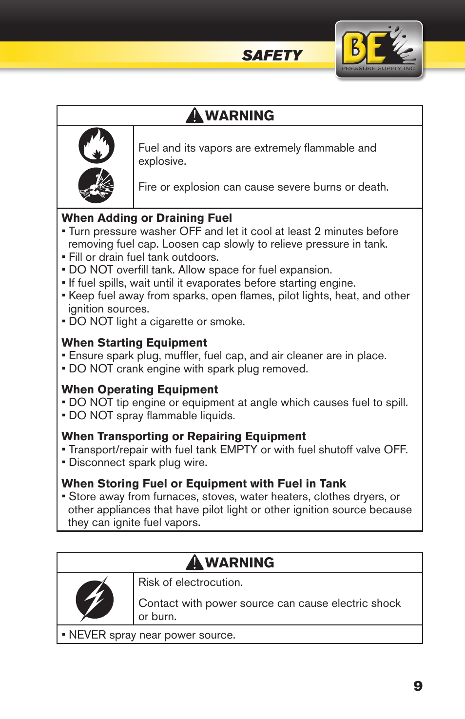 Safety, Warning | BE Pressure supply 270cc Honda GX270 B389HC User Manual | Page 9 / 36