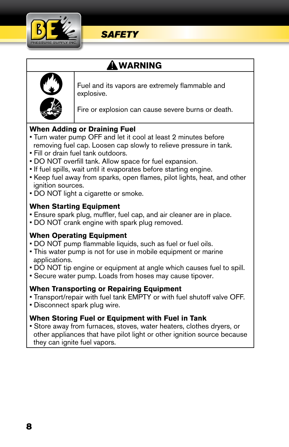 Safety, Warning | BE Pressure supply 2" Fire Fighting Cart HPFC-2070R User Manual | Page 8 / 20