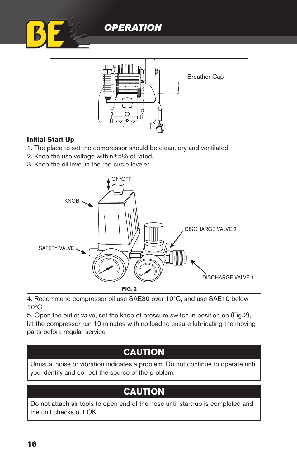 Operation, Caution | BE Pressure supply 3 Gallon Horizontal Air Compressor AC153 User Manual | Page 16 / 24