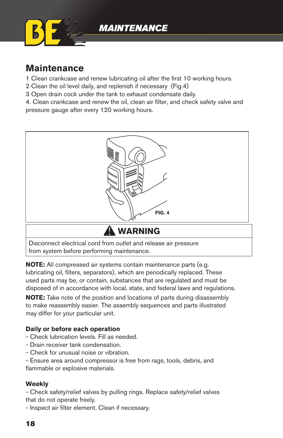 Maintenance, Caution, Warning | BE Pressure supply 3 Gallon Horizontal Air Compressor AC153 User Manual | Page 18 / 24