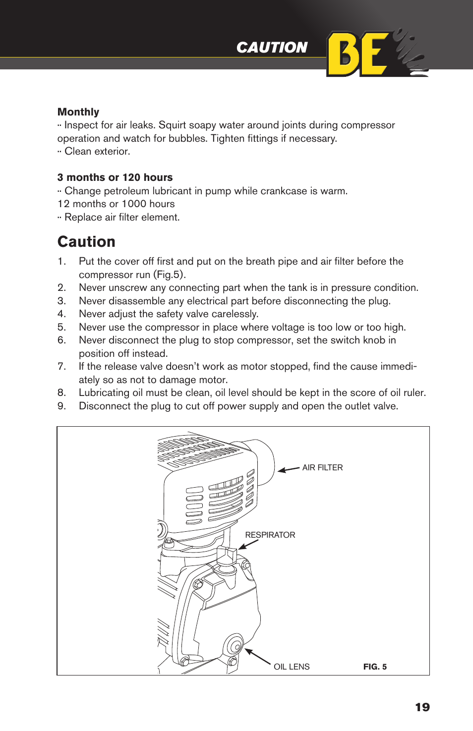 Caution, Maintenance caution | BE Pressure supply 3 Gallon Horizontal Air Compressor AC153 User Manual | Page 19 / 24