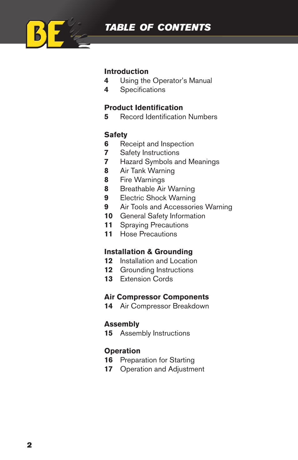 BE Pressure supply 3 Gallon Horizontal Air Compressor AC153 User Manual | Page 2 / 24