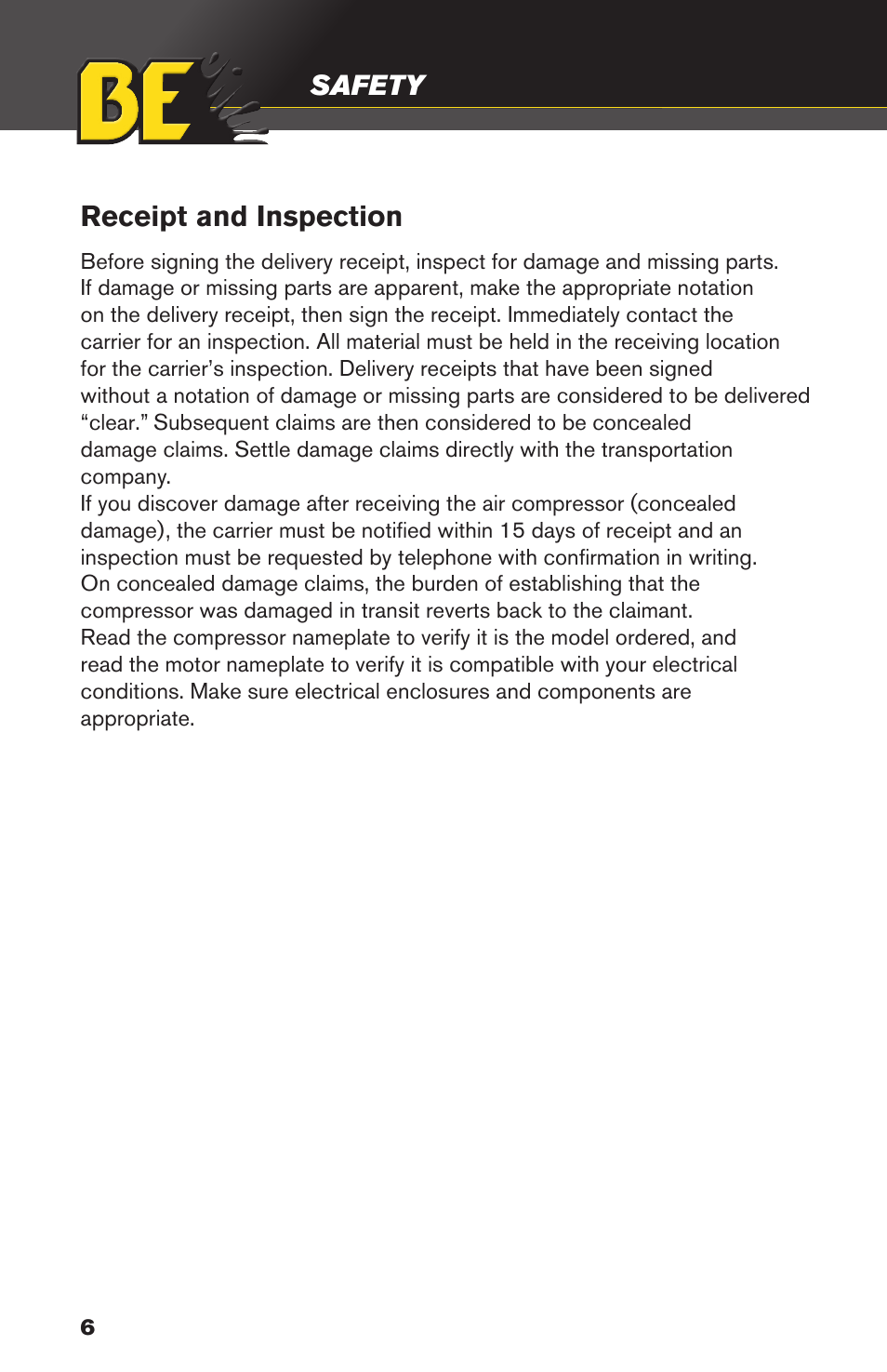 Receipt and inspection | BE Pressure supply 3 Gallon Horizontal Air Compressor AC153 User Manual | Page 6 / 24