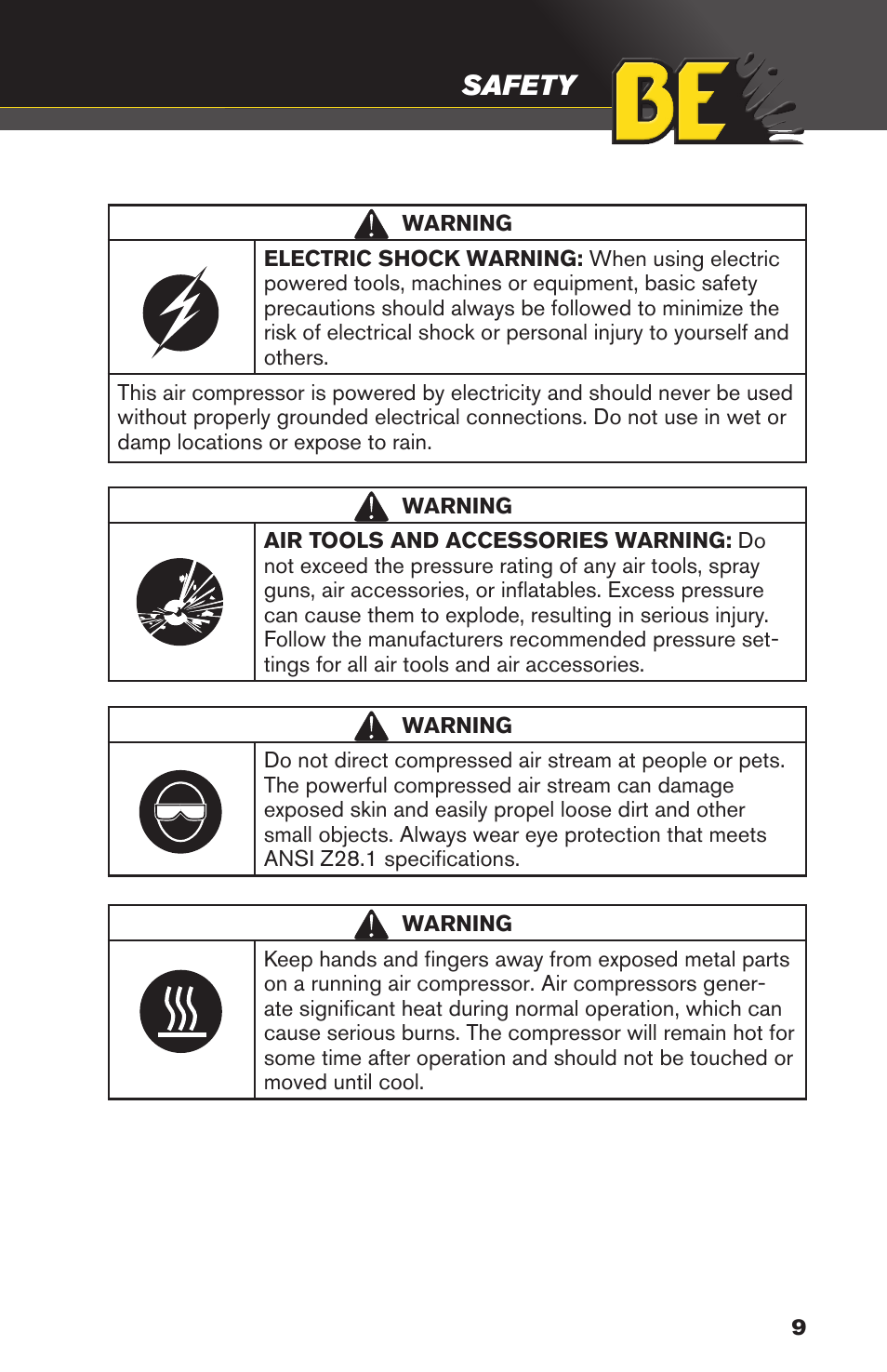 Safety | BE Pressure supply 3 Gallon Horizontal Air Compressor AC153 User Manual | Page 9 / 24