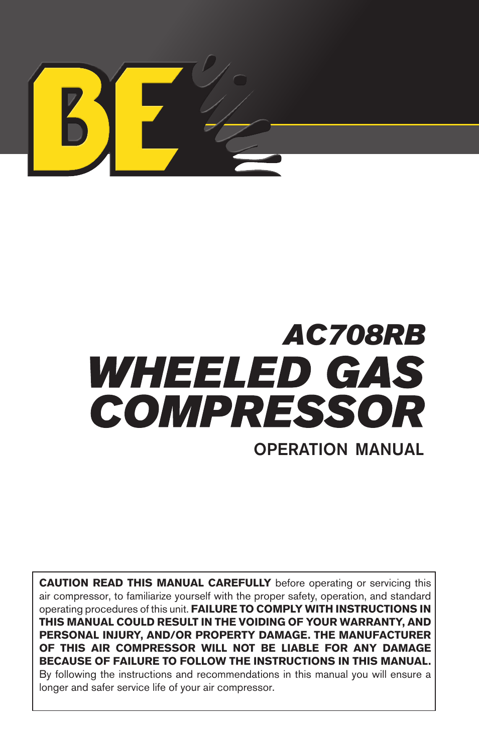 BE Pressure supply 8 Gallon Wheeled Gas Air Compressor AC708RB User Manual | 24 pages