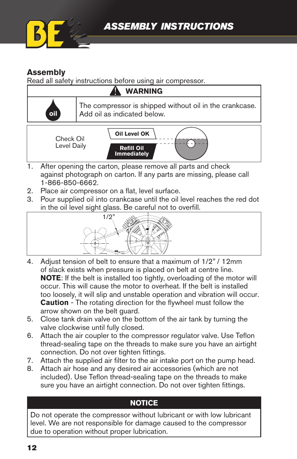 Assembly, Instructions product, Features | BE Pressure supply 8 Gallon Wheeled Gas Air Compressor AC708RB User Manual | Page 12 / 24