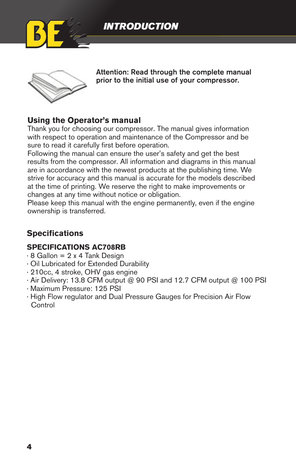 Introduction | BE Pressure supply 8 Gallon Wheeled Gas Air Compressor AC708RB User Manual | Page 4 / 24