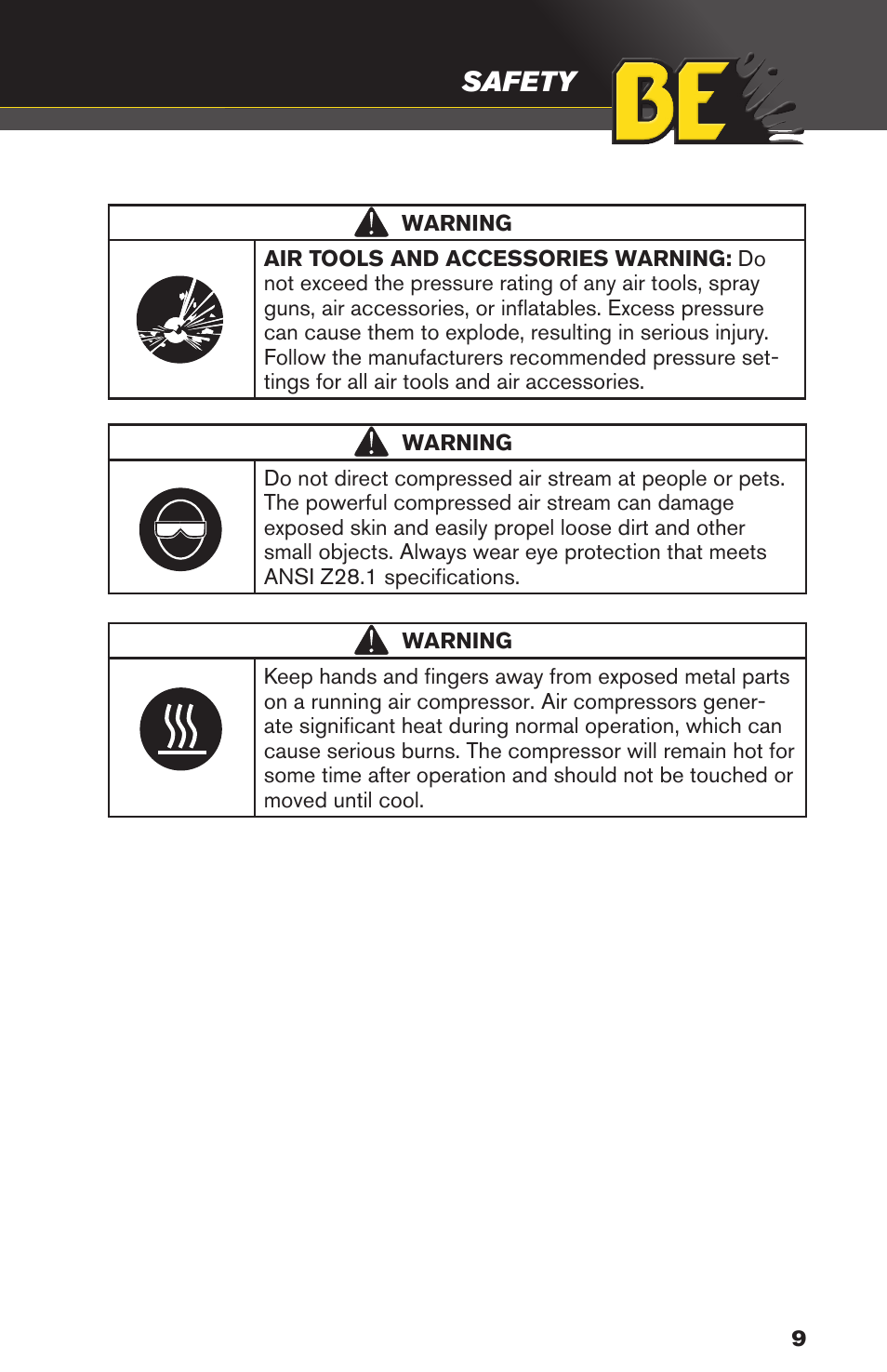 Safety | BE Pressure supply 8 Gallon Wheeled Gas Air Compressor AC708RB User Manual | Page 9 / 24