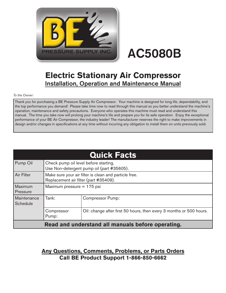 BE Pressure supply 80 Gallon Air Compressor AC5080B3 User Manual | 14 pages
