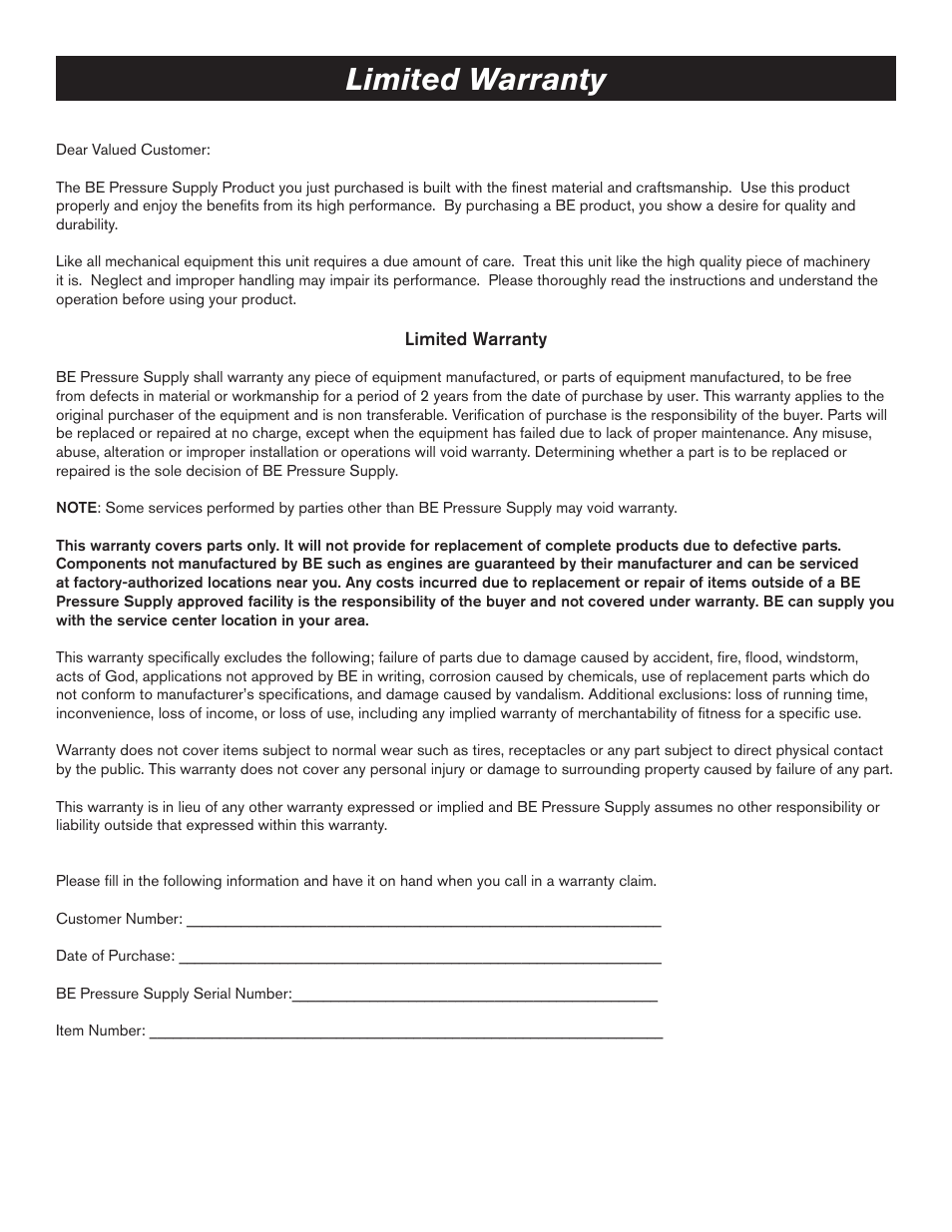 Limited warranty | BE Pressure supply 80 Gallon Air Compressor AC5080B3 User Manual | Page 13 / 14