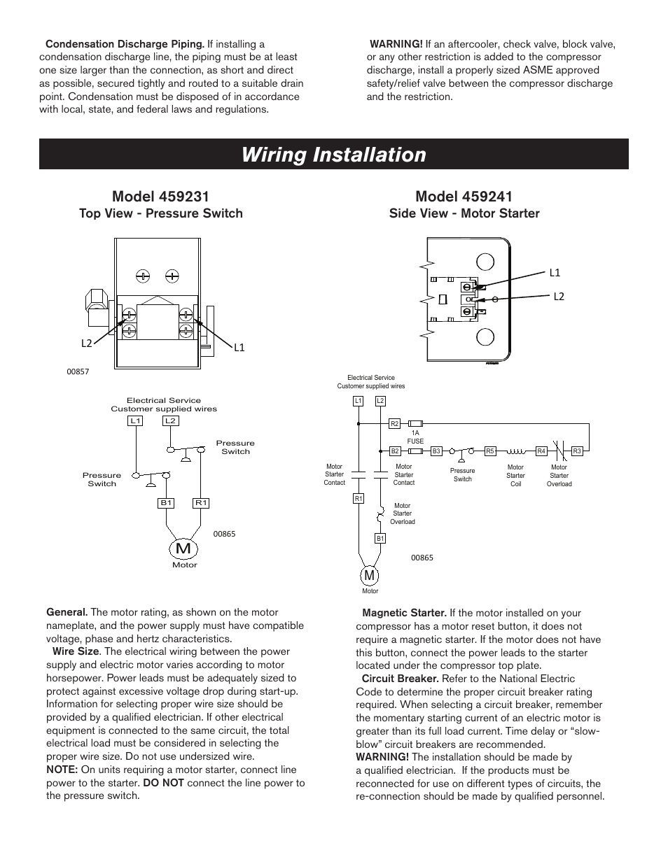 Wiring installation, Top view - pressure switch, Side view - motor starter | L2 l1 | BE Pressure supply 80 Gallon Air Compressor AC5080B3 User Manual | Page 5 / 14