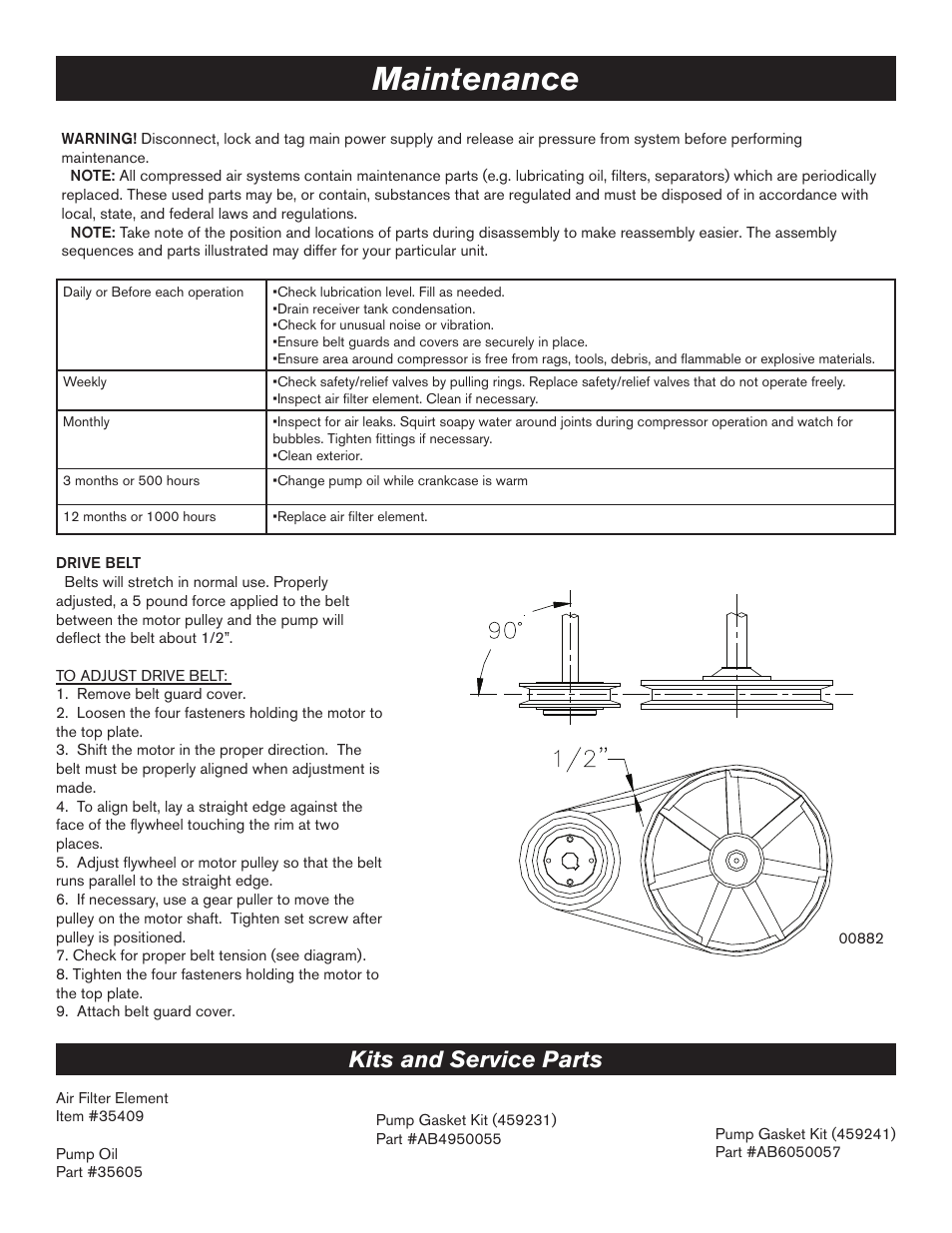 Maintenance, Kits and service parts | BE Pressure supply 80 Gallon Air Compressor AC5080B3 User Manual | Page 7 / 14