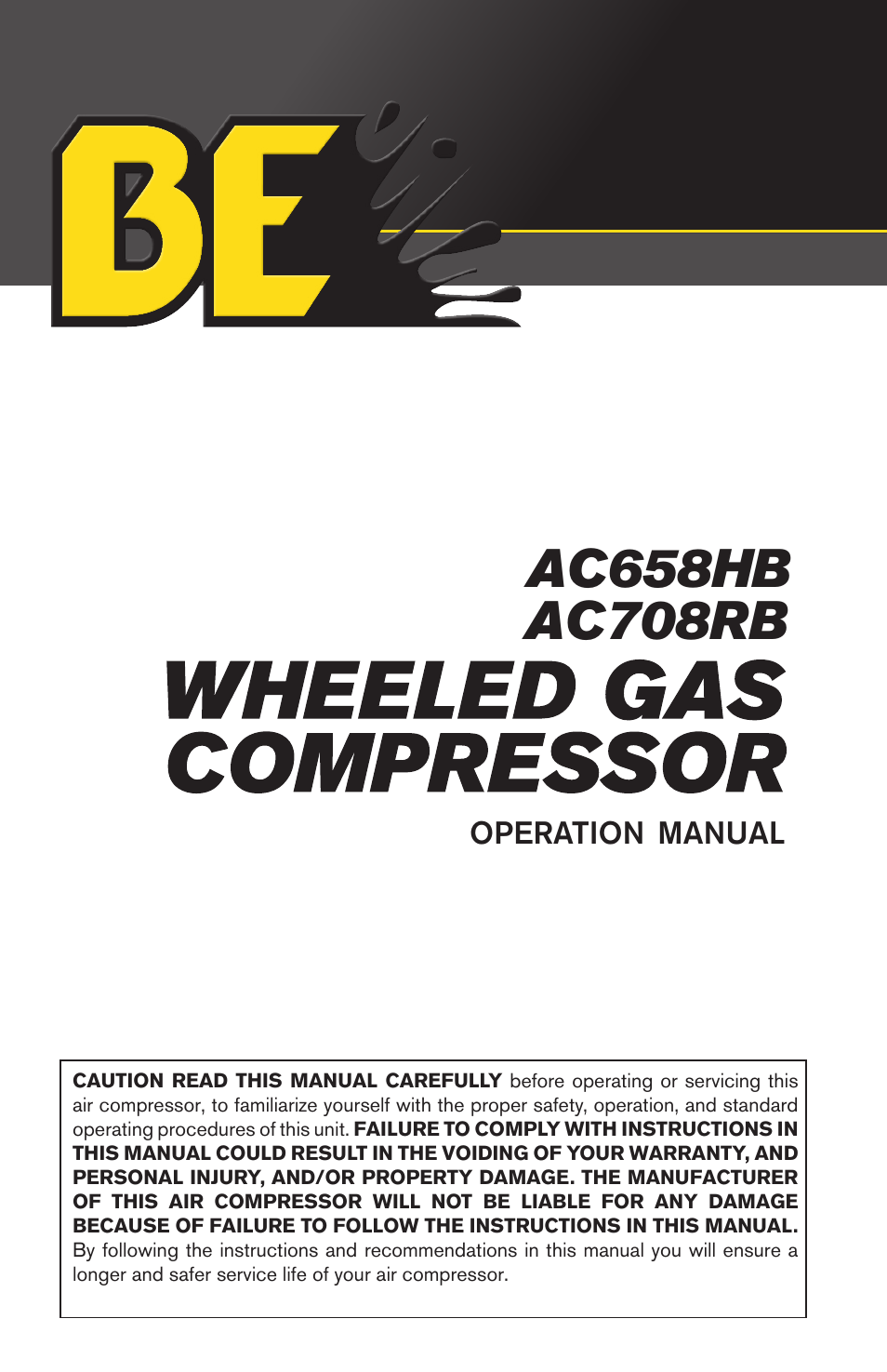 BE Pressure supply 8 Gallon Wheeled Gas Air Compressor AC658HB User Manual | 20 pages