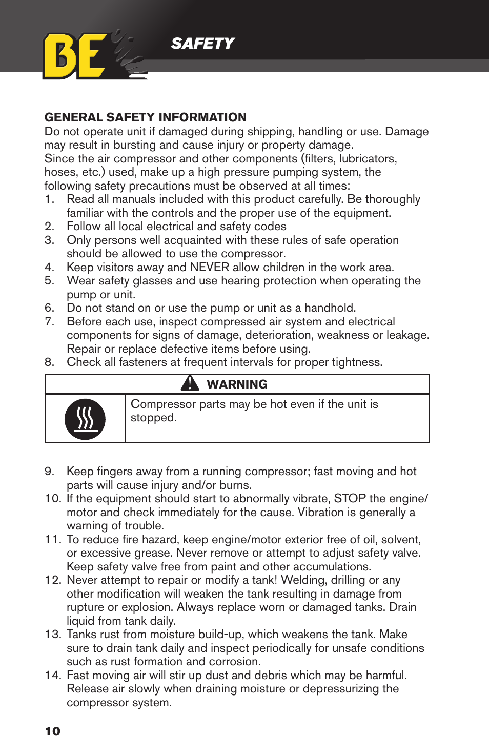 Safety | BE Pressure supply 8 Gallon Wheeled Gas Air Compressor AC658HB User Manual | Page 10 / 20