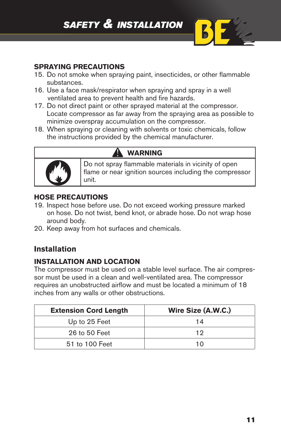Safety, Installation | BE Pressure supply 8 Gallon Wheeled Gas Air Compressor AC658HB User Manual | Page 11 / 20