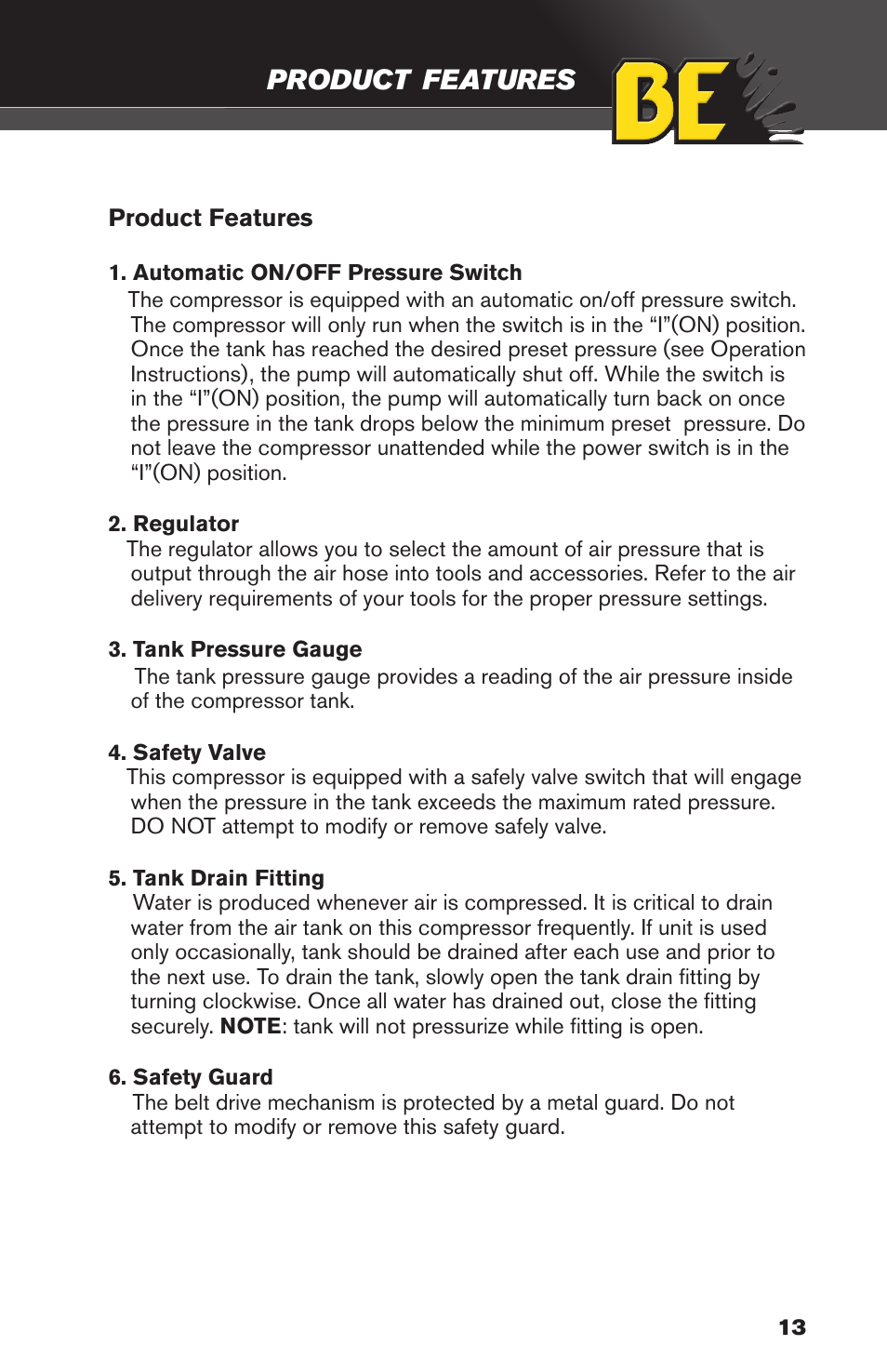 Assembly, Instructions, Product | Features | BE Pressure supply 8 Gallon Wheeled Gas Air Compressor AC658HB User Manual | Page 13 / 20