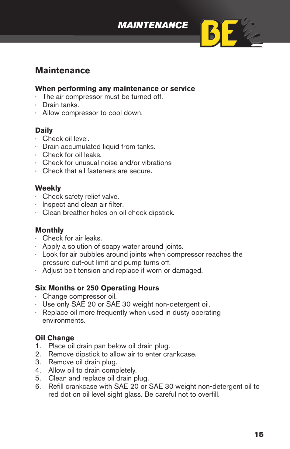 Maintenance | BE Pressure supply 8 Gallon Wheeled Gas Air Compressor AC658HB User Manual | Page 15 / 20