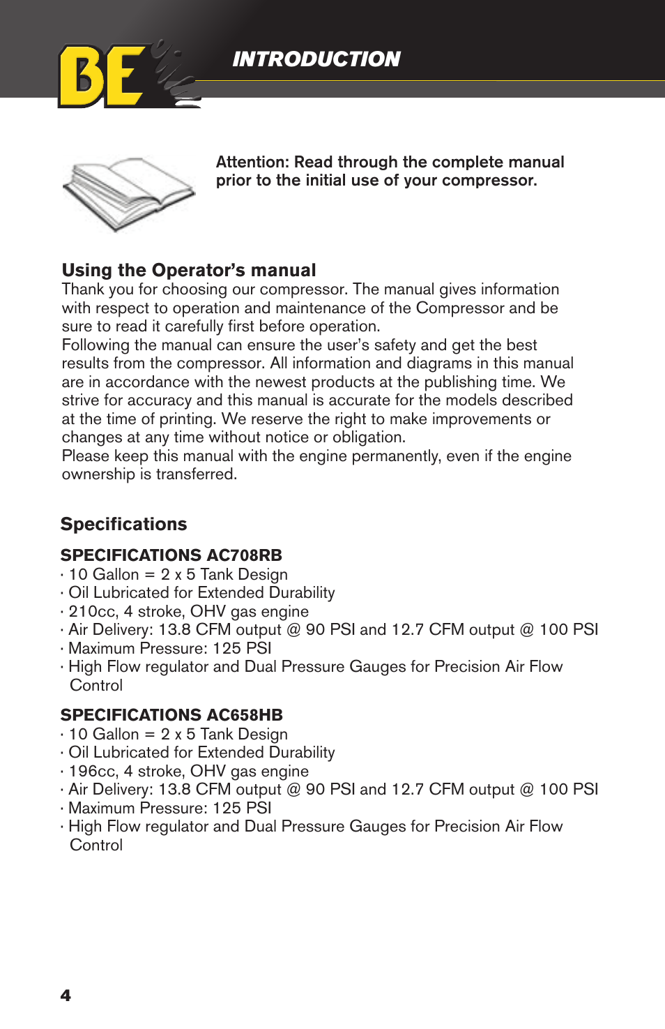 Introduction | BE Pressure supply 8 Gallon Wheeled Gas Air Compressor AC658HB User Manual | Page 4 / 20