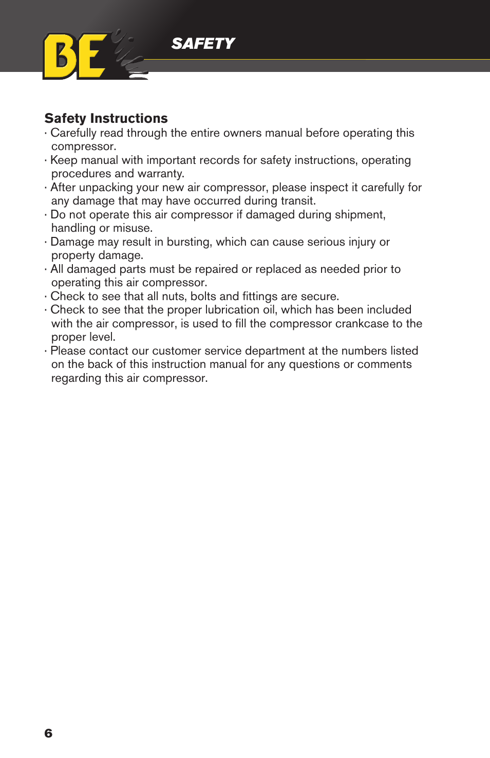 Safety | BE Pressure supply 8 Gallon Wheeled Gas Air Compressor AC658HB User Manual | Page 6 / 20