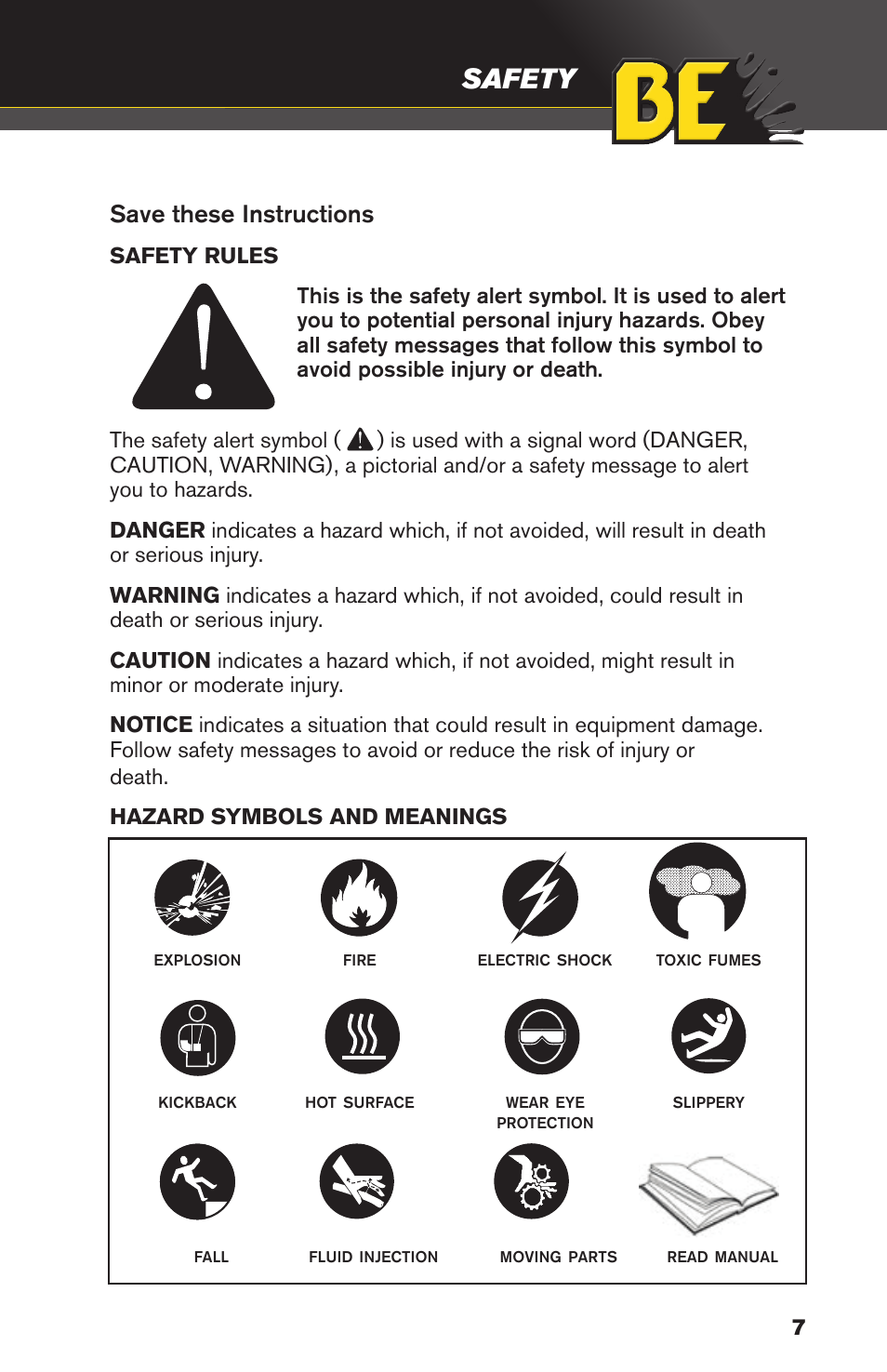 Safety, Save these instructions | BE Pressure supply 8 Gallon Wheeled Gas Air Compressor AC658HB User Manual | Page 7 / 20