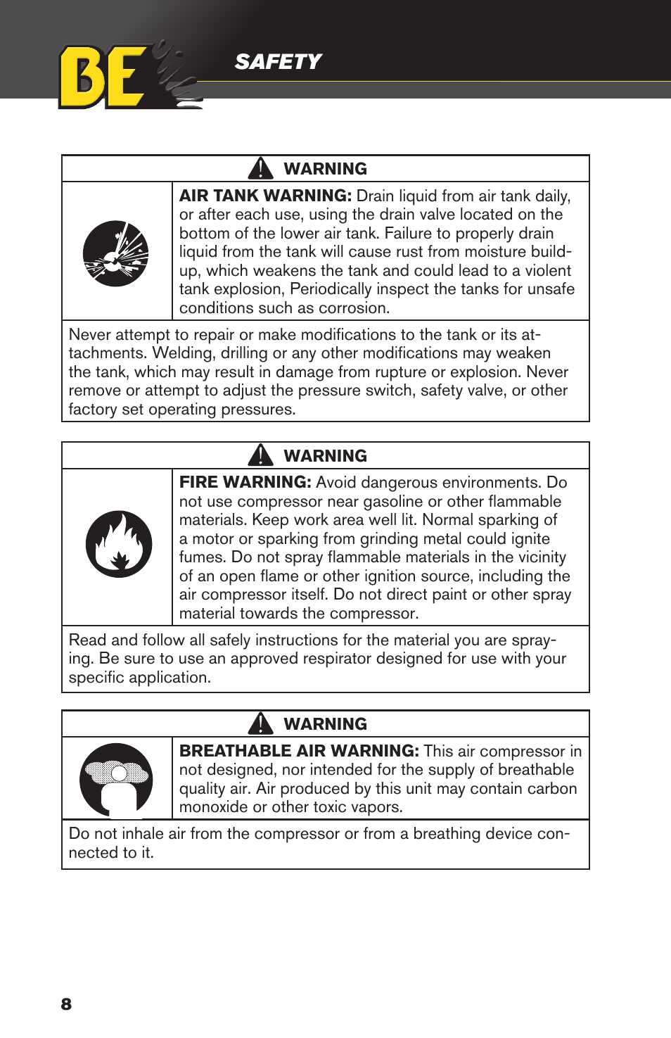 Safety | BE Pressure supply 8 Gallon Wheeled Gas Air Compressor AC658HB User Manual | Page 8 / 20